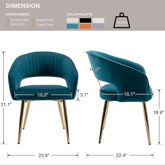 Teal Velvet Dining Chairs Gold Legs, Modern Dining Room Chairs with Arms Set of 6 Upholstered Accent Chair Armchair with Barrel Back for Kitchen Living Room
