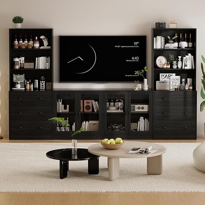 TUSY 71" Large TV Stand Set - TV Entertainment Center for TVs up to 65", Media Center with Tempered Glass Doors and Drawer, TV Hutch with Bookshelves for Living Room (Black, BDDB)