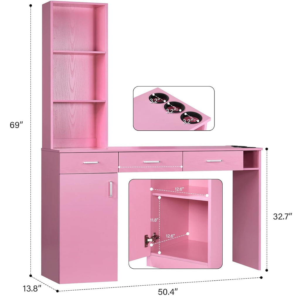 4ever2buy Barber Station for Hair Stylist, Salon Wall Station with Barber Cabinet, Hair Stations Equipment Hair Dryer Holder, Drawers (Pink)