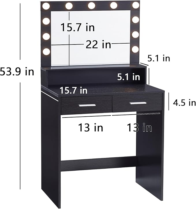 Vanity Desk with Mirror and Lights, Dressing Table with Large Drawer, 2 Level Storage Dresser & 3 Lighting Modes Adjustable Brightness, Suitable for Bedroom