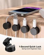 OneLeaf 12 Pack 360° Rotatable Spring Cable Clips[1s Lock], Adhesive Cord Holder for Nightstand, Phone Charger Cord Holder for Desk Home Office Car Game Station