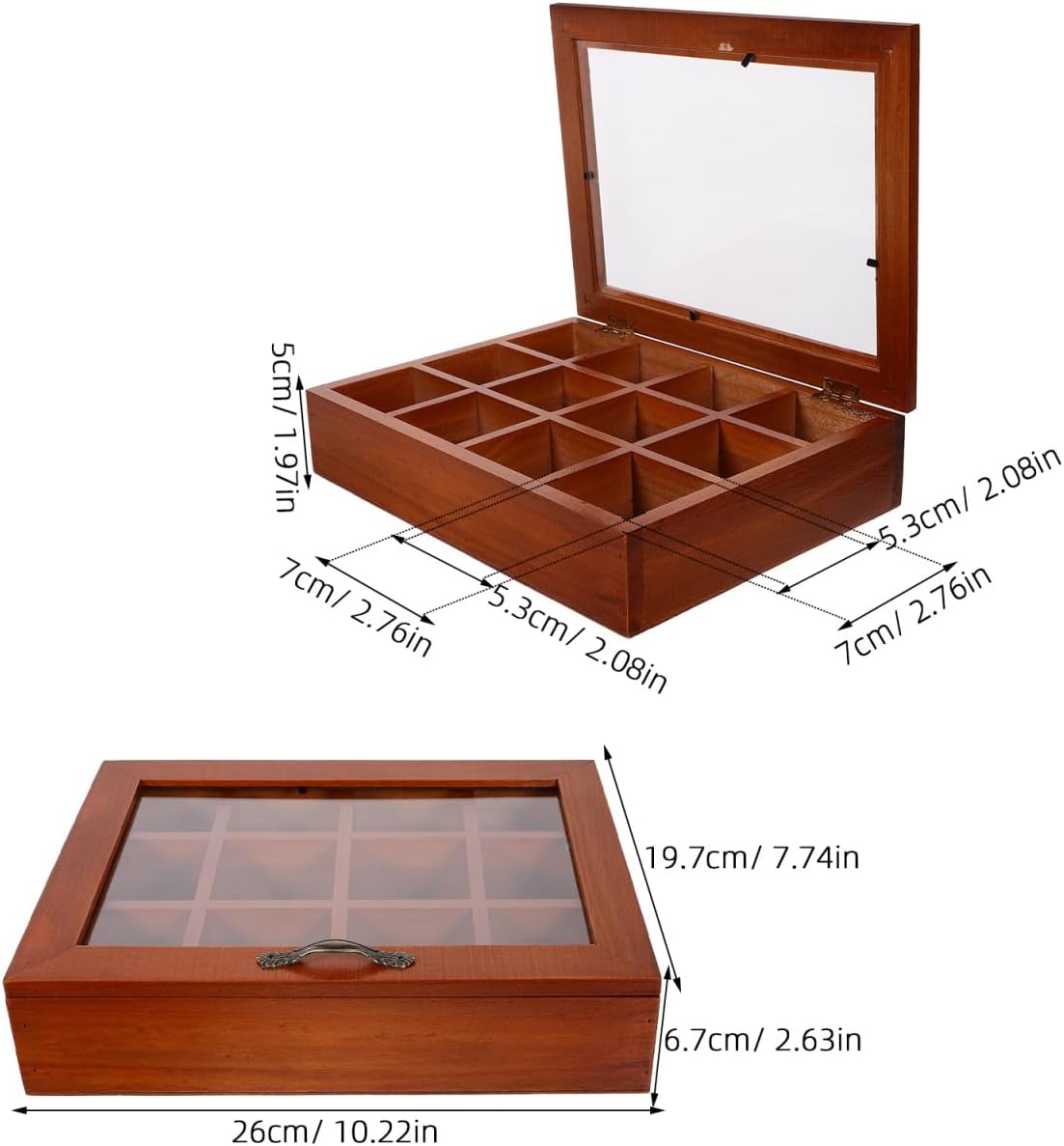 Baluue 12 Compartment Tea Bag Organizer Box with Clear Acrylic Lid Decorative Wood Grain Packet Holder Case Storage Chest Container for Kitchen Countertop Cabinet