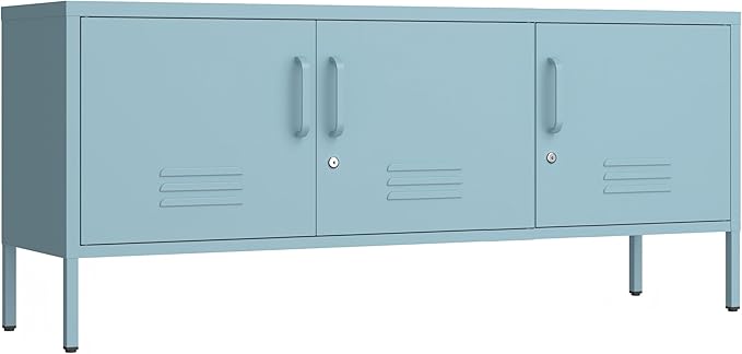 3 Door Lockable Metal TV Stand Storage Cabinet, Wide Heavy Duty Media Console for Large 100+ Inch TVs, Home Office Entertainment Center, Blue 22" H X 47.3" W X 13.8" D