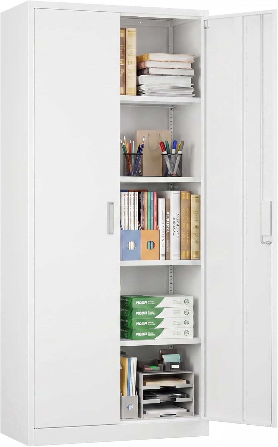 SUXXAN 71-Inch White Metal Storage Cabinet with Locking Doors | Four adjustab...