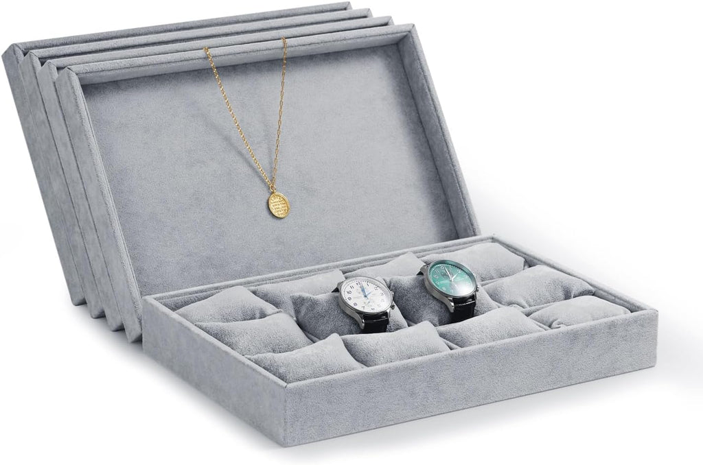12 Grids Velvet Watch Tray Watch Holder Organizer Storage Tray For Men Women (Gray)