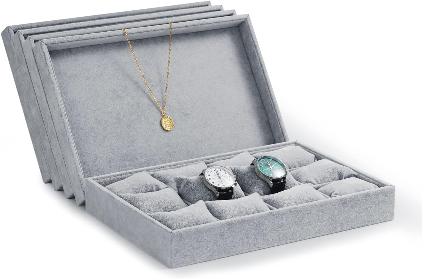 12 Grids Velvet Watch Tray Watch Holder Organizer Storage Tray For Men Women (Gray)