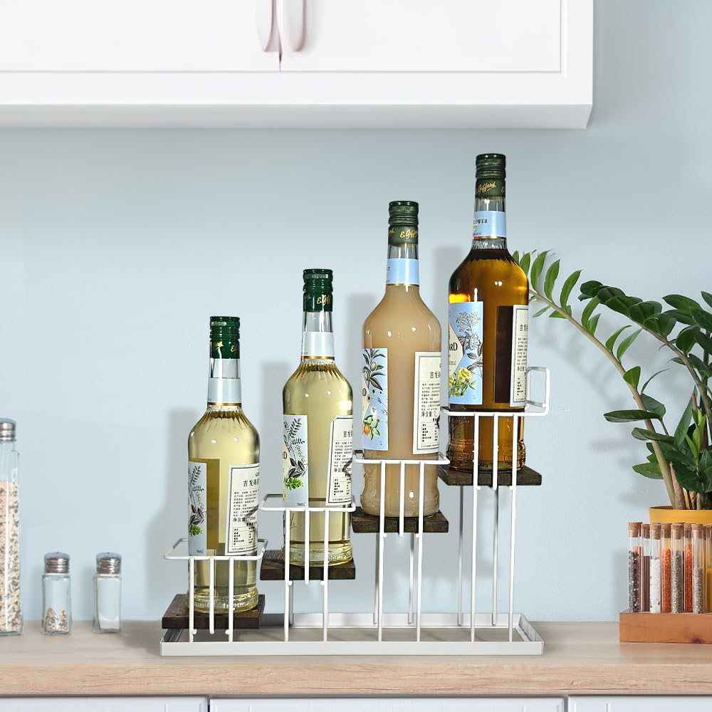 J JACKCUBE DESIGN Syrup Bottle Holder Rack, Rustic Wood and White Metal Wire 4 Tier Syrup, Wine, Dressing Bottle Countertop Display Storage Stand for Kitchen Coffee Bar- MK816B