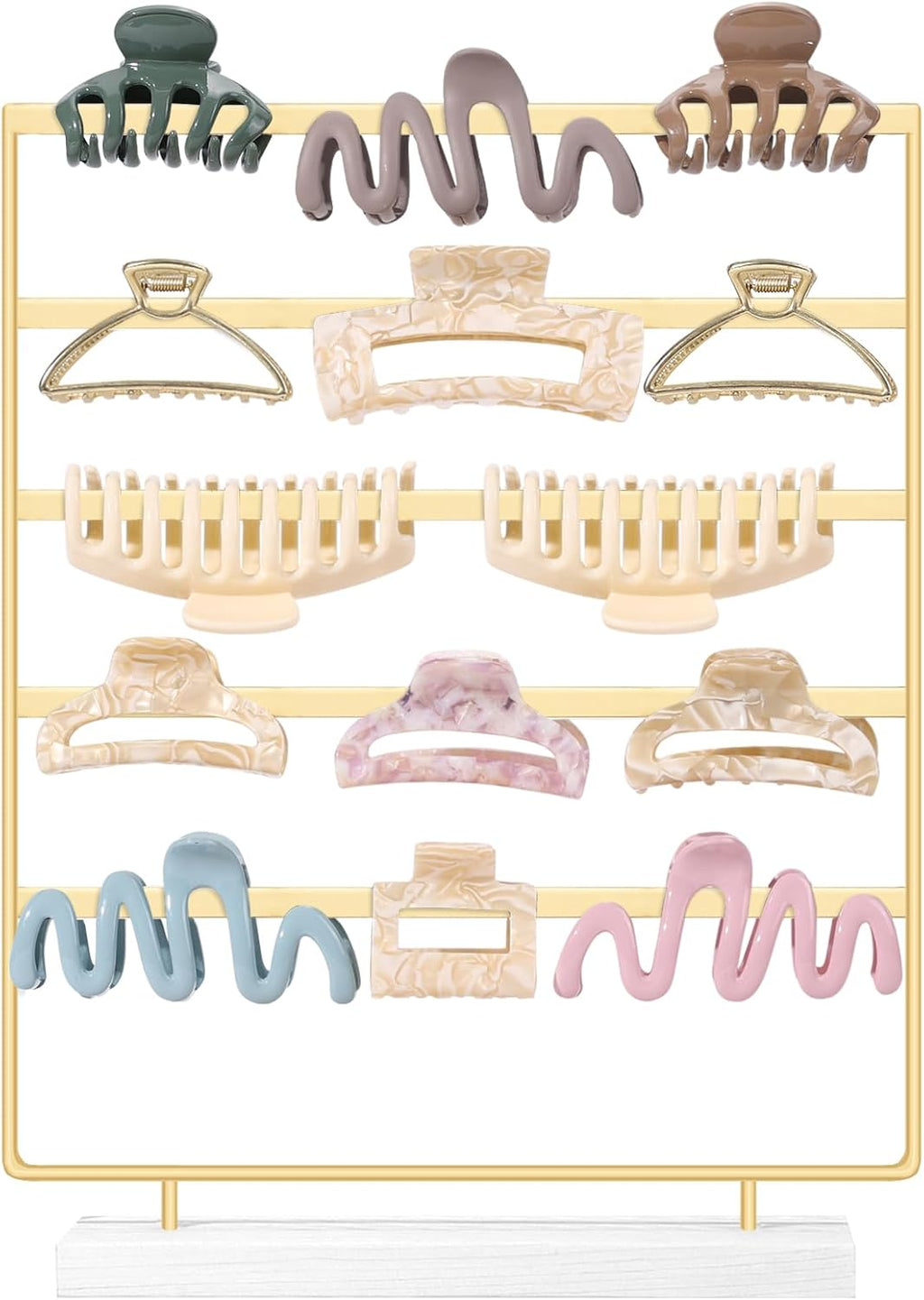 SNOWSTAR Hair Claw Clip Holder Organizer - 5 Tier Iron Rod Hair Clip Holder Storage for Women Girls, Wood Base Desktop Organizer