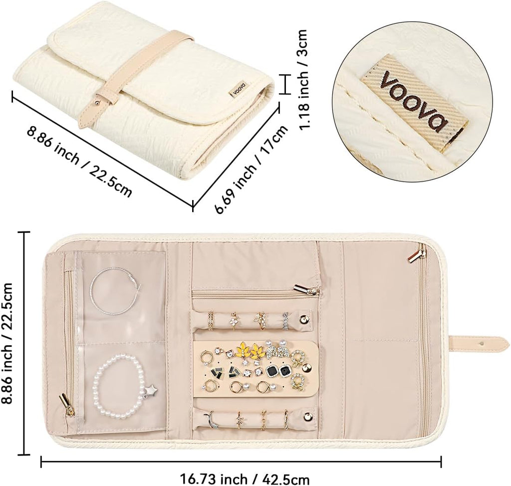 Voova Travel Jewelry Holder Organizer Case, Large Jewelry Storage Bag for Women Girls, Foldable Traveling Jewellery Pouch Roll for Necklaces Rings Earrings Bracelets, Apricot