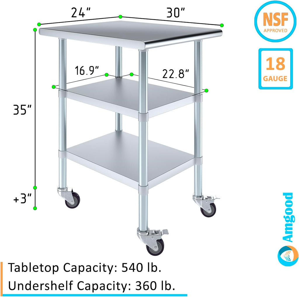 AmGood Stainless Steel Work Table with 2 Shelves and Casters (Stainless Steel Work Table with 2 Shelves + Casters, 24" Long x 30" Deep)