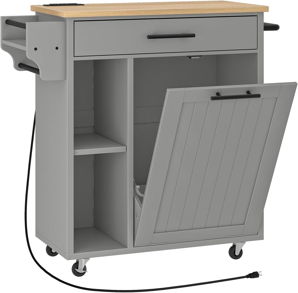 HOOBRO Kitchen Island with Trash Can Storage, Rolling Kitchen Island on Wheels, Mobile Island Cart with Power Outlet, Islands Table for 10 Gallon Garbage Bin, White and Grey GN80UZD01G1