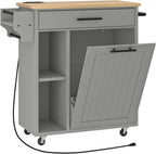 HOOBRO Kitchen Island with Trash Can Storage, Rolling Kitchen Island on Wheels, Mobile Island Cart with Power Outlet, Islands Table for 10 Gallon Garbage Bin, White and Grey GN80UZD01G1