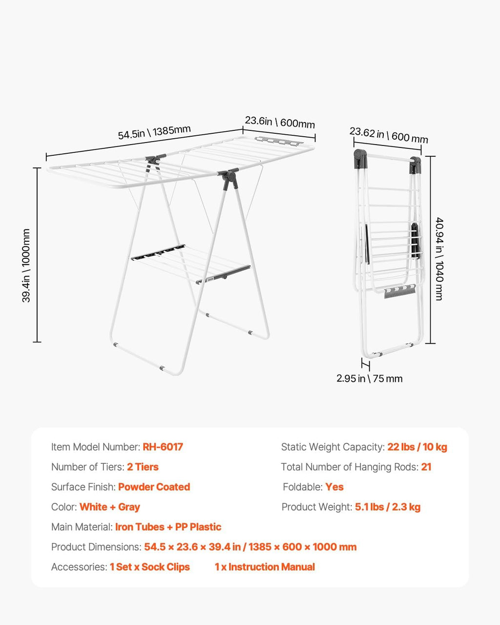 VEVOR Clothes Drying Rack, 2-Tier Foldable Laundry Dryer Rack with Sock Clips & 21 Drying Rods, Metal Height Adjustable Drying Racks for Outdoor & Indoor, Free-Standing & Space-Saving Hanger, White