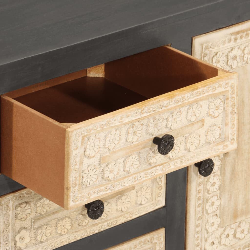 Modern Grey and White Sideboard with 4 Storage Compartments and 3 Soft-Close Drawers, Solid Mango Wood Rectangular Furniture for Dining Room and Living Space, Durable Storage