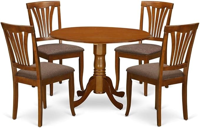 East West Furniture DLAV5-SBR-C 5 Piece Dinette Set for 4 Includes a Round Dining Table with Dropleaf and 4 Linen Fabric Dining Room Chairs, 42x42 Inch, Saddle Brown