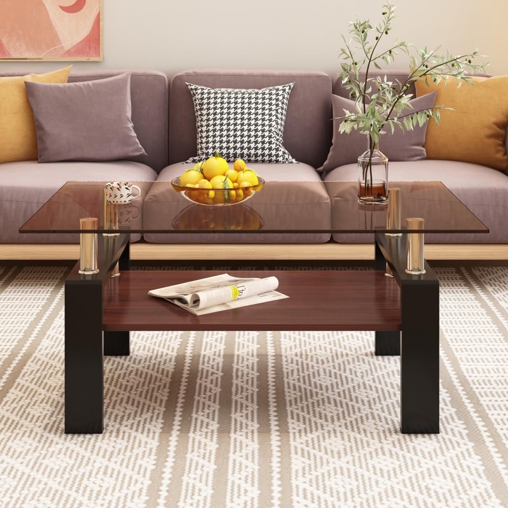 Rectangle Coffee Table, Tempered Glass Tabletop with MDF Layer, Modern Table ...