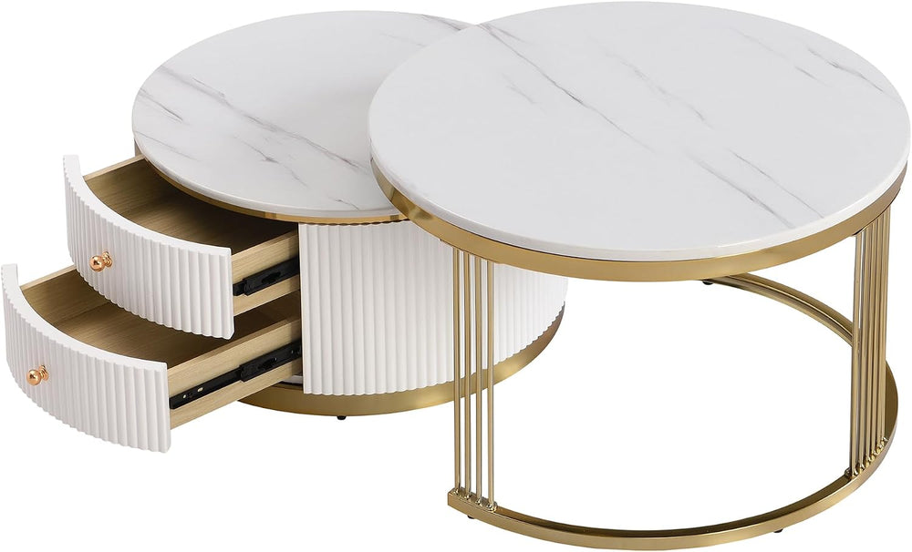 WILLIAMSPACE 27.6" Round Nesting Coffee Table with 2 Drawers, Modern Woo...