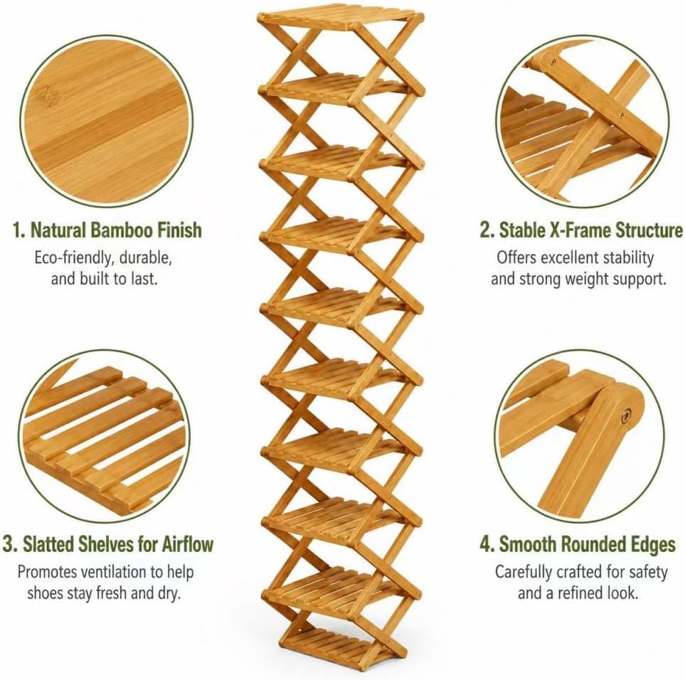 8/9/10-Tier Folding Shoe Rack| Bamboo Wooden Shoe Organizer| Entryway Bedroom Shoe Shelf| Ventilated & Space-Saving