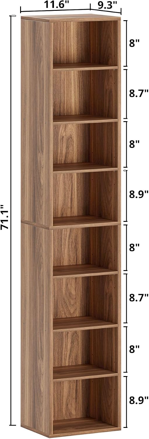 IRONCK Tall Narrow Bookshelf 8 Tiers, Compact Corner Bookcase, Floor Standing Display Storage Shelves 71 in Tall, Easy to Match for Living Room, Office, Study, Bedroom