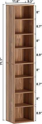 IRONCK Tall Narrow Bookshelf 8 Tiers, Compact Corner Bookcase, Floor Standing Display Storage Shelves 71 in Tall, Easy to Match for Living Room, Office, Study, Bedroom