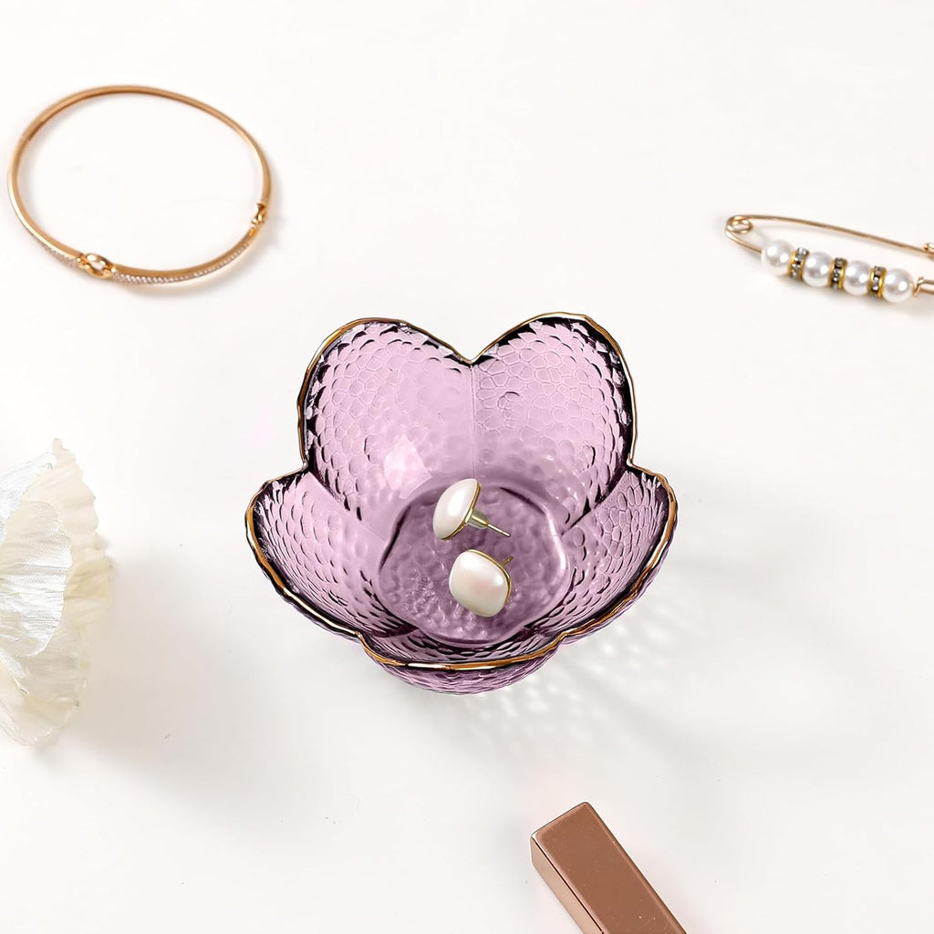 Purple Flower Jewelry Dish Glass Ring Holder Dish Jewelry Tray Cute Vanity Organizer Aesthetic Nightstand Bathroom Room Decor Trinket Dish Mothers Day Friendship Christmas Birthday Gifts for Women