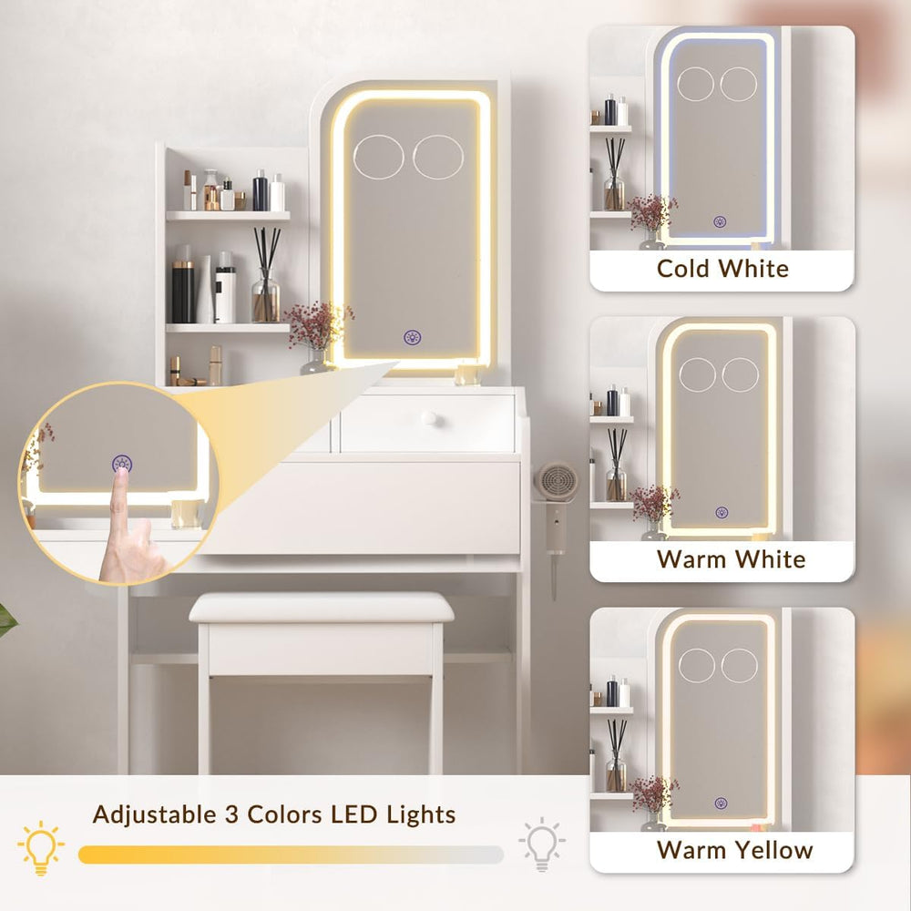 HOMEMORE Vanity Desk with LED Mirror Small Vanity with Lights 3X and 5X Magni...