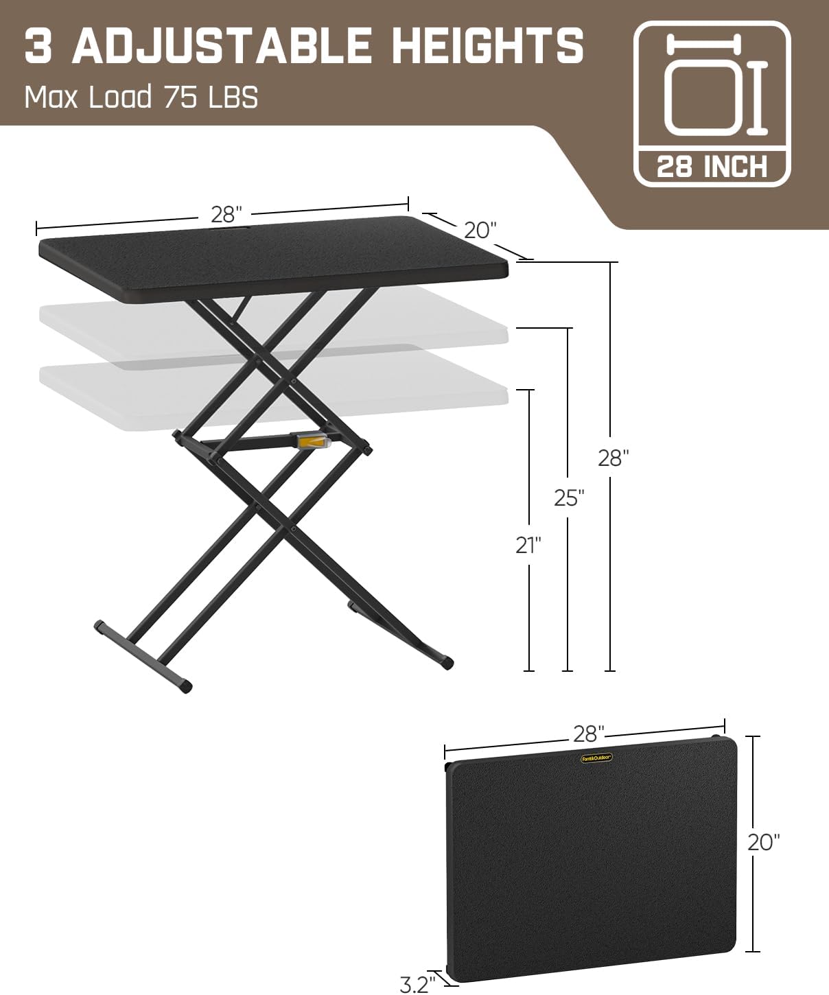 FanttikOutdoor Folding Table 2-Second One-Hand Height Adjustment, 3 Settings, Ultra-Thin 3.2" Fold, No Assembly, TV Tray Laptop Desk 28 inch, 2-Pack, Black Zeta X1 Pro