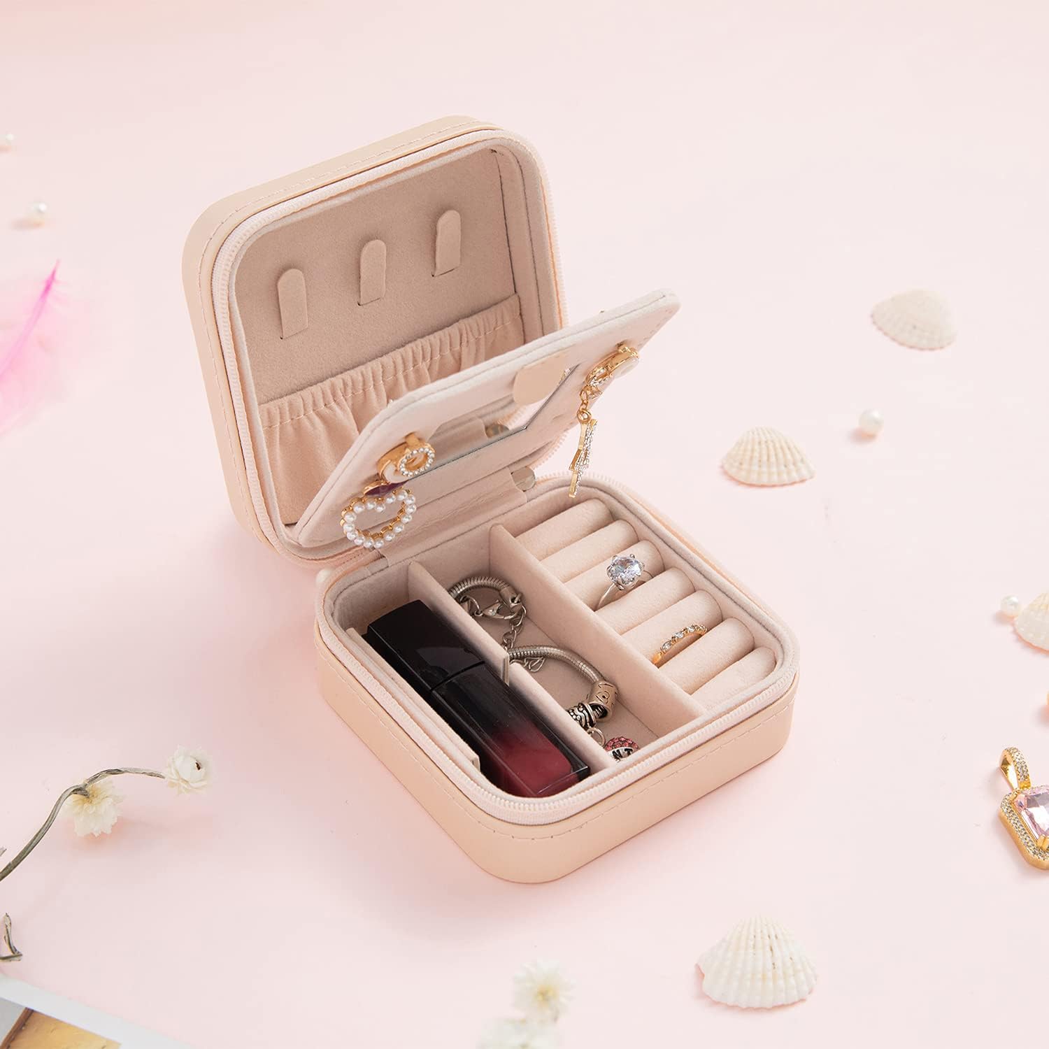KElofoN Travel jewelry case Travel jewelry box Travel Jewelry Organizer Small box Gift for Girls Women with Mirror(Pink)