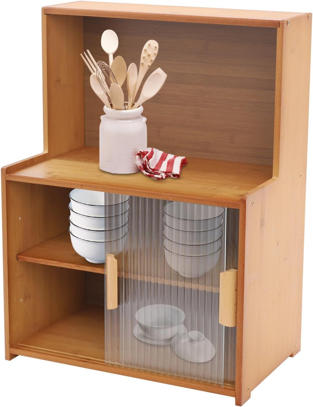 Kitchen Storage Cabinet with Sliding Doors, Bamboo Kitchen Pantry Sideboard, ...