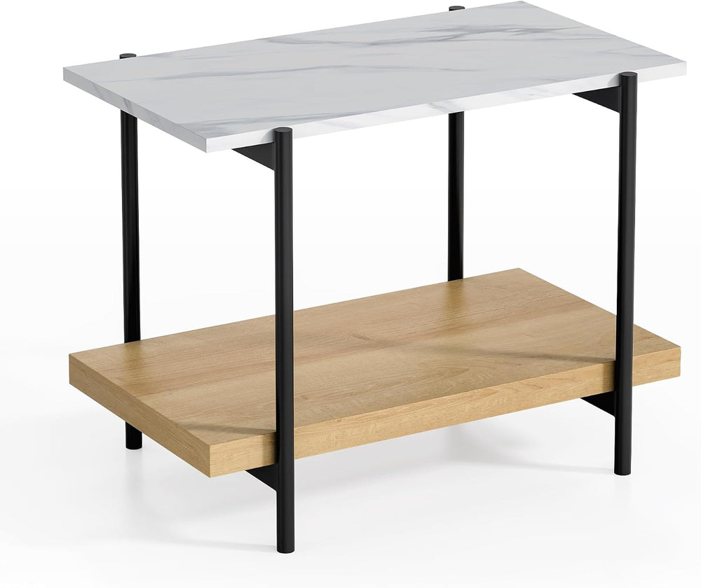 End Table with 2 Tier Wood Open Shelf, Rectangular Sofa Side Table with Metal...