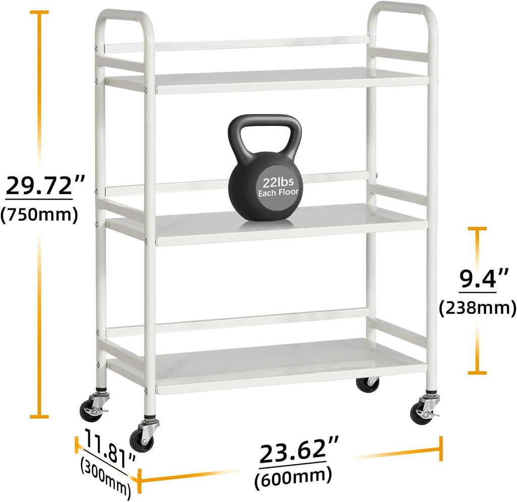 HDANI 3 Tier Metal Utility Multipurpose Rolling Cart,Large Capacity Heavy Duty Rolling Cart with 2 Lockable Wheels for Home,Office,Kitchen,Bathroom,Bedroom,White