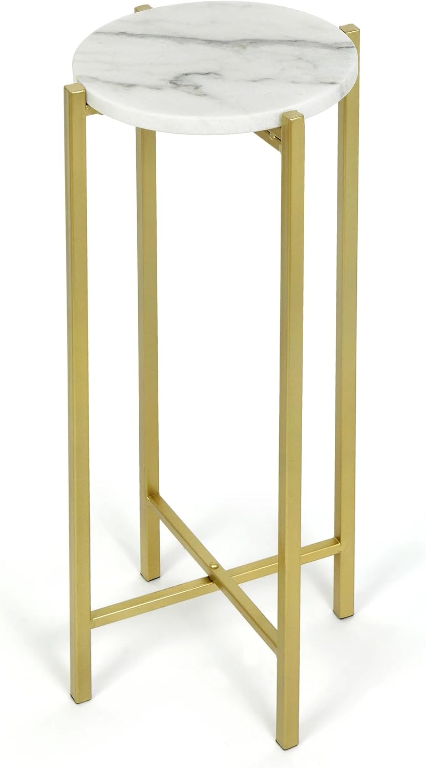 Collapsible Drink Table, Gold Metal Frame with White Marble Top