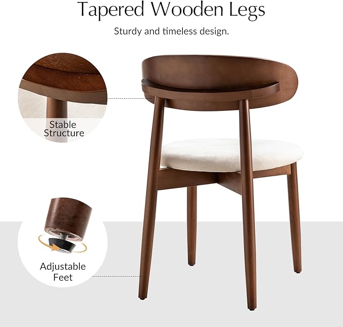 HULALA HOME Dining Chairs Set of 4 Mid-Century Modern Fabric Upholstered Dining Room Chairs Kitchen Side Chair with Open Curved Back, Walnut Rubber Wood Legs, Dinner Chairs for Living Room, Beige