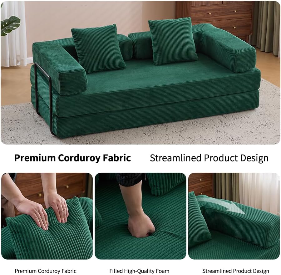 ZEIINPA Convertible Floor Sofa Bed with Fixed-Shape Frame, Modular Corduroy Folding Mattress Couch with Armrest, Floor Sofa Lounge Couch for Living Room Bedroom Lounge Studio,Emerald Green