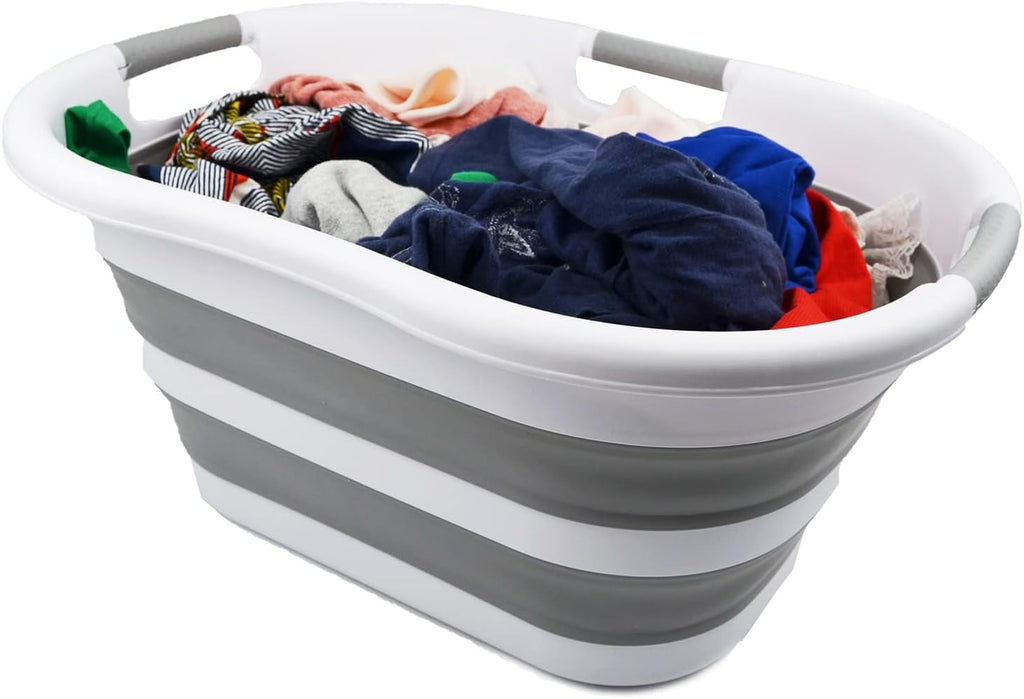 SAMMART 40L (10.5 gallon) Collapsible Plastic Laundry Basket - Space Saving Storage Container - Portable Washing Tub - Foldable Pop Up Hamper/Basket (1, White/Grey)