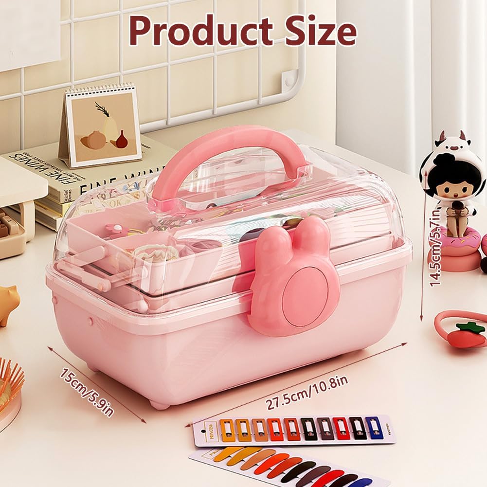 Cute Hair Accessories Organizer 3-Layers Kids Jewelry Storage Box Plastic Hair Accessories holder for Girls (Pink-Rabbit)