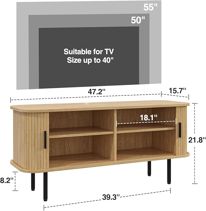 47''W Modern TV Stand Cabinet with Storage for TVs up to 60 Inch, Fluted TV Entertainment Center with Slatted Tambour Doors, Media Console for Living Room, Entryway, Natural