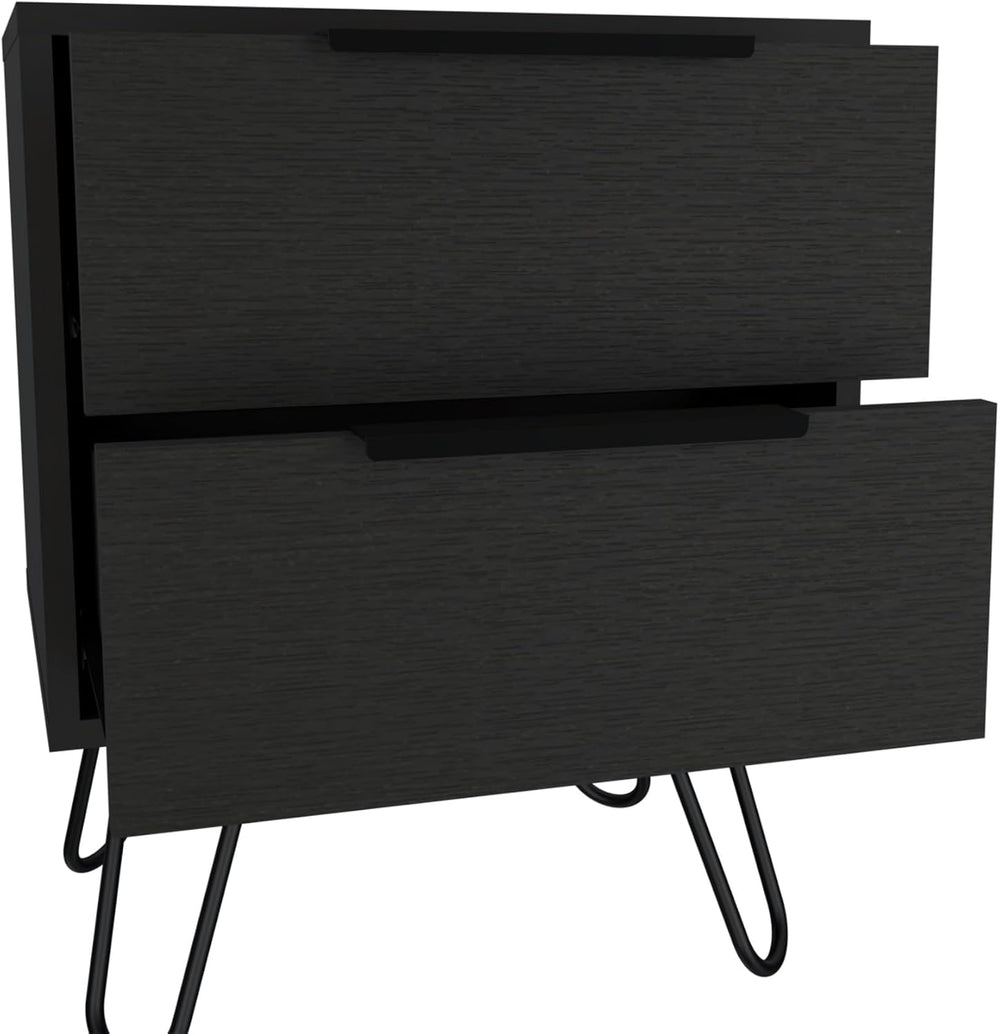 2 Nightstand, Hairpin Legs, Two Drawers, Black,for Small Spaces