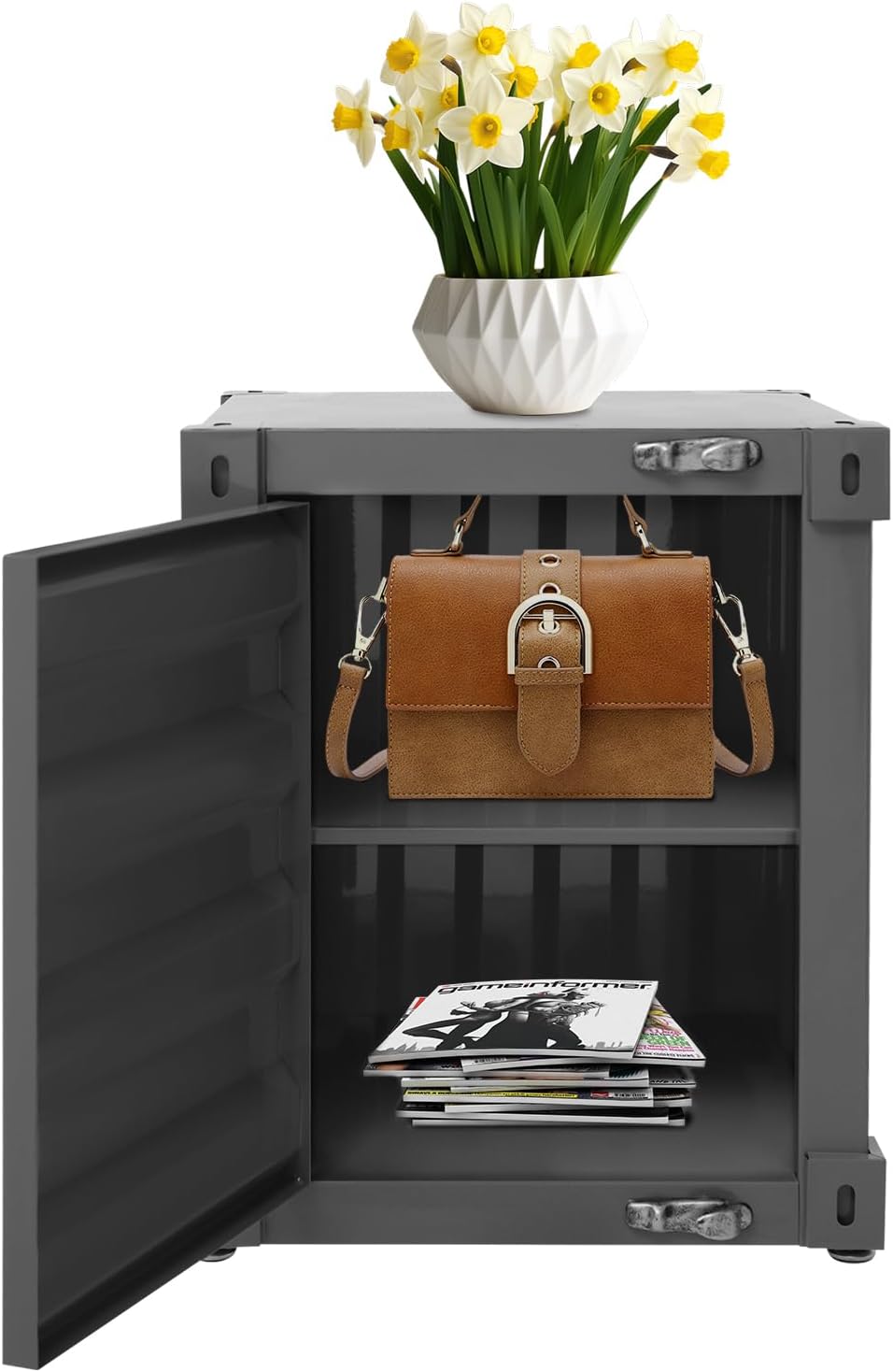 Industrial Iron Container Cabinet with Lock, Metal Side Table for Living Room...
