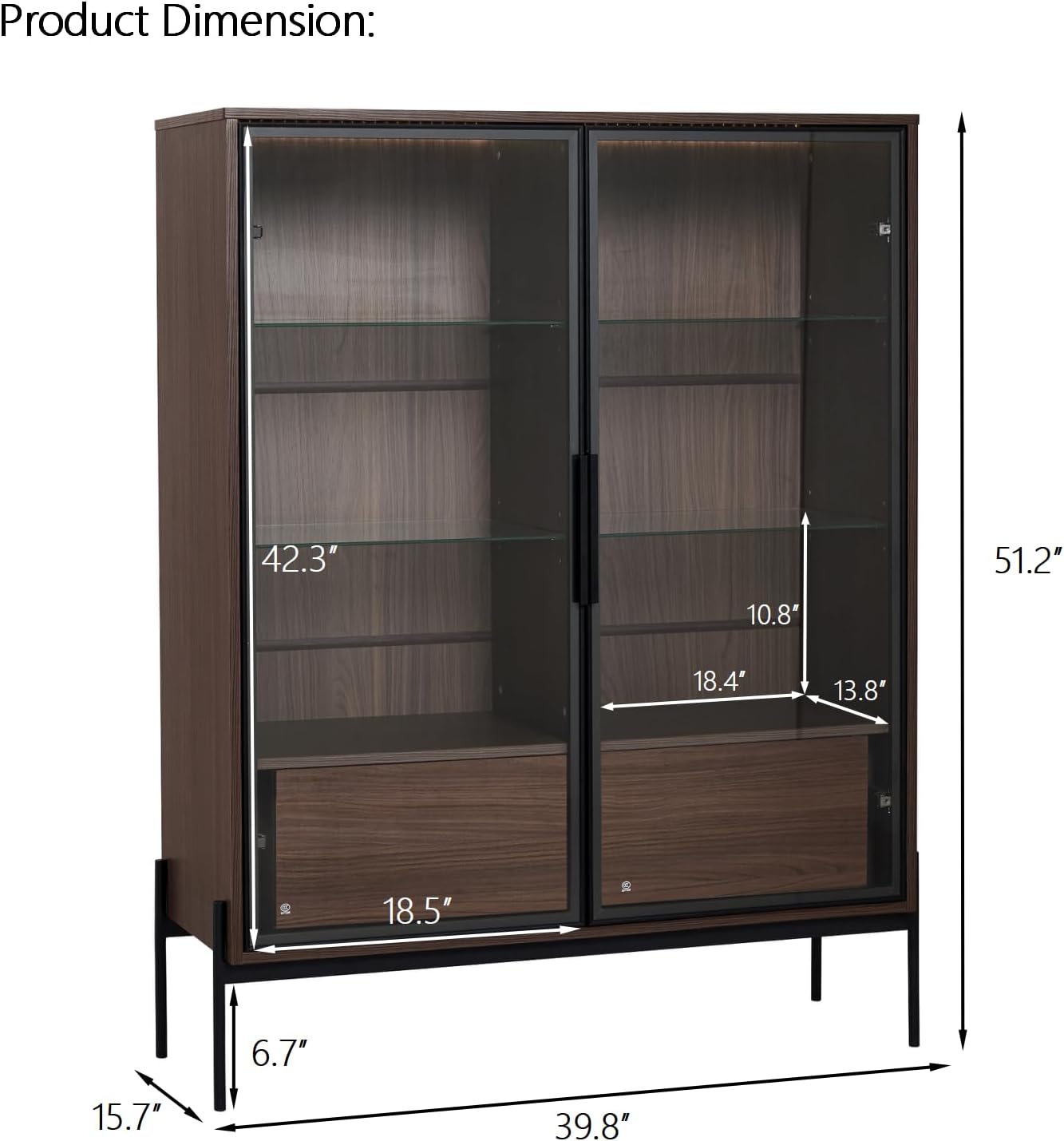 roomfitters 51.2'' Display Cabinet with Glass Doors, Pantry Storage Cabinet with Shelves for Living Room and Kitchen, Walnut