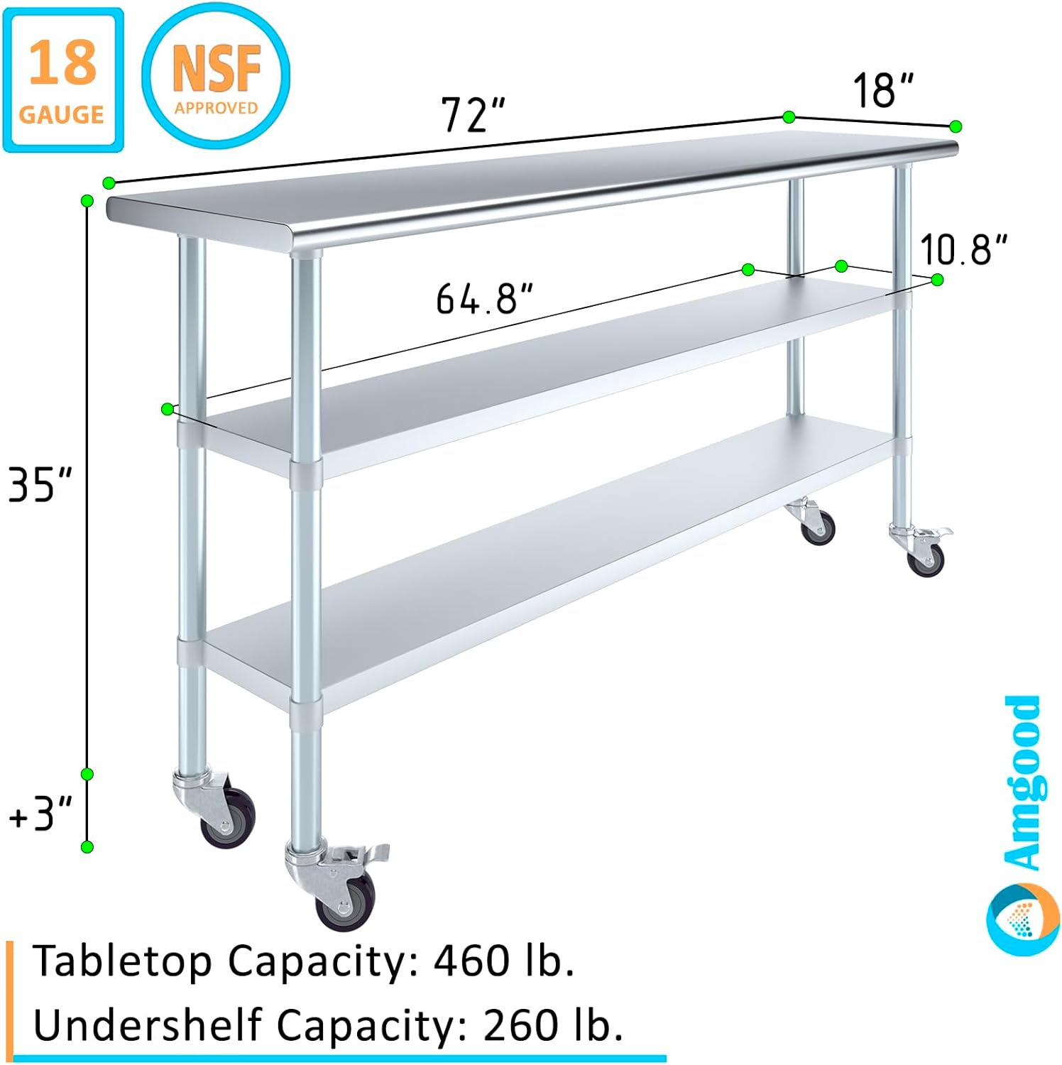 AmGood Stainless Steel Work Table with 2 Shelves and Casters | Metal Utility Table On Wheels (Stainless Steel Work Table with 2 Shelves + Casters, 72" Long x 18" Deep)