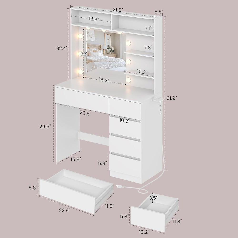 Vanity Desk with Mirror, LED Lights and Power Outlet, Makeup Vanity Table wit...