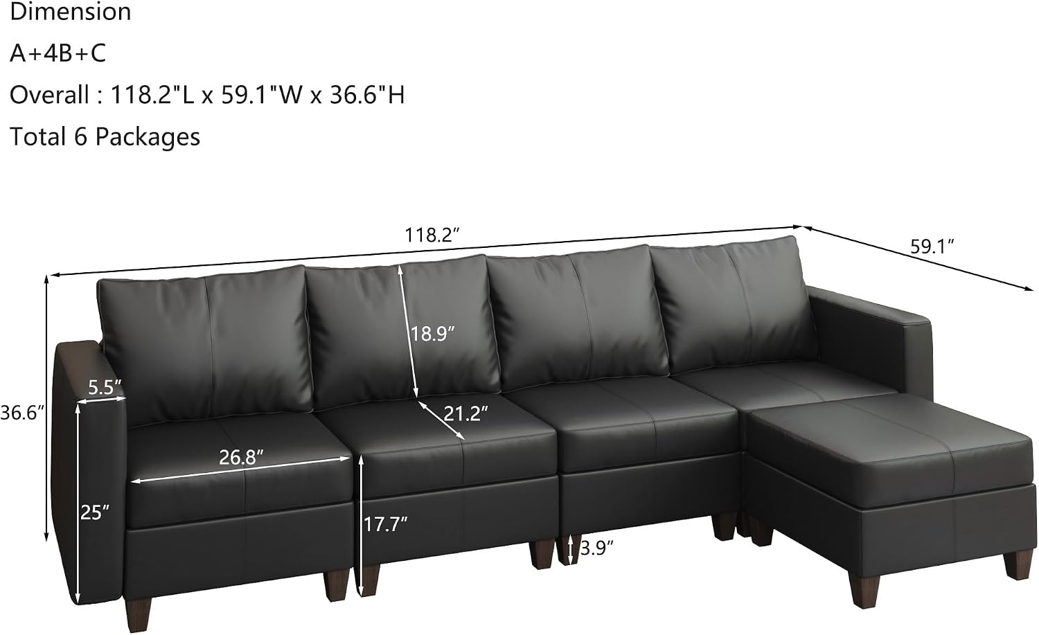 EASE MOOSE Faux Leather Sectional Couch with Storage,Black U Shaped Faux Leather Modualr Sofa Couch，with Storage