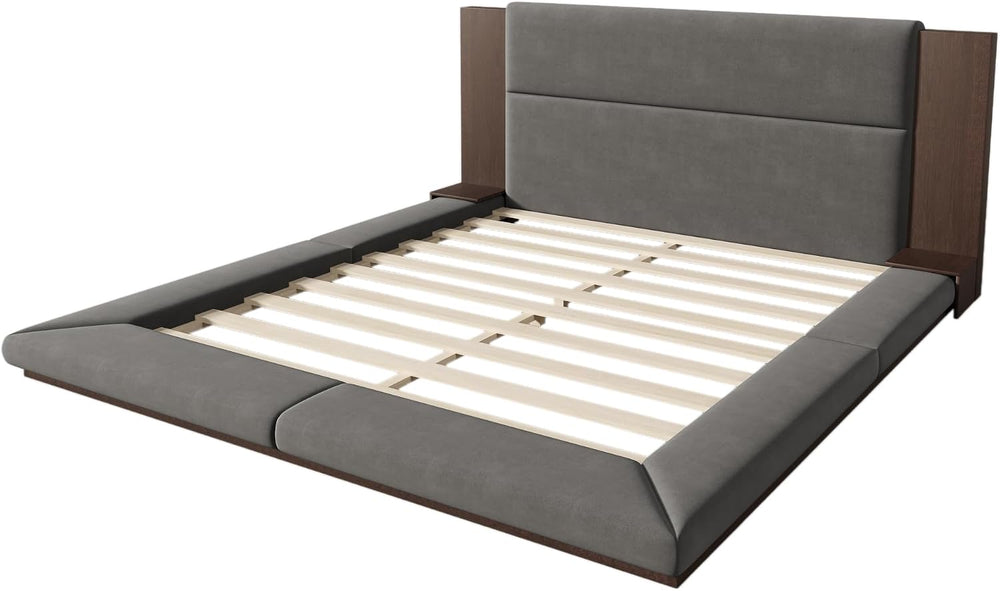 VilroCaz Modern King Size Upholstered Grounded Bed, Velvet Fabric Floor Uphol...