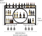 Wall Mounted Wine Rack with Light,3-Tier Metal Wine Bottle Shelf with Wine Glass Holder, Modern Bar Shelves Bar Liquor Bottle Display Shelf Multifunctional Wine Storage Rack for Home Bar (Black, 140)