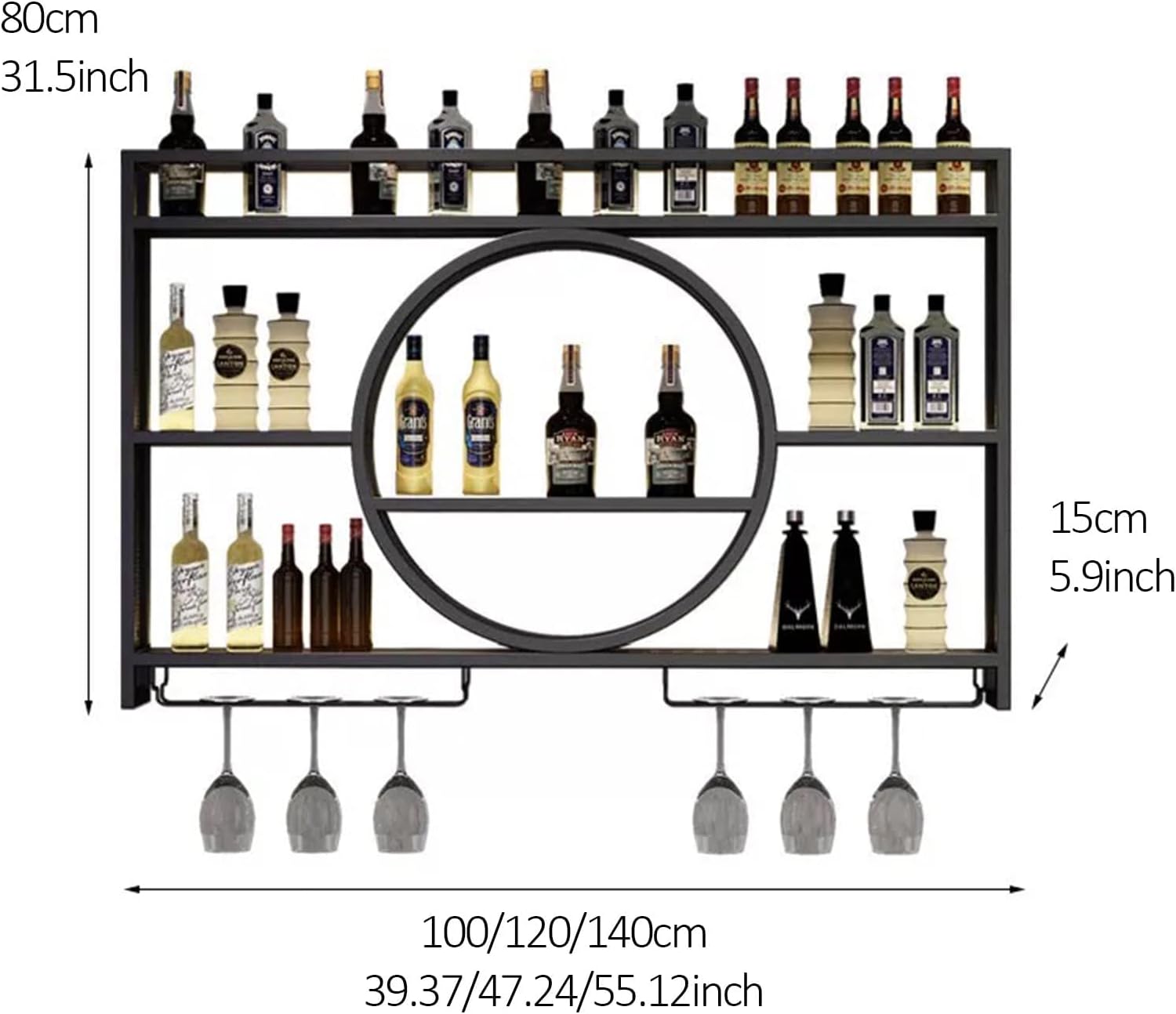 Wall Mounted Wine Rack with Light,3-Tier Metal Wine Bottle Shelf with Wine Glass Holder, Modern Bar Shelves Bar Liquor Bottle Display Shelf Multifunctional Wine Storage Rack for Home Bar (Black, 140)