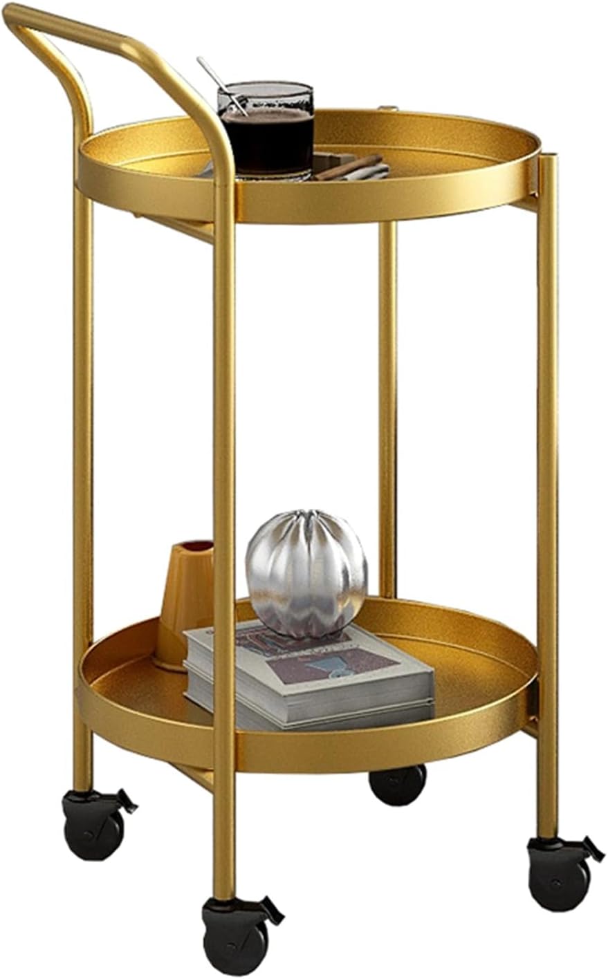Round Side Table Metal End Coffee Table with Wheel Movable Tray Sofa Cart(Gol...
