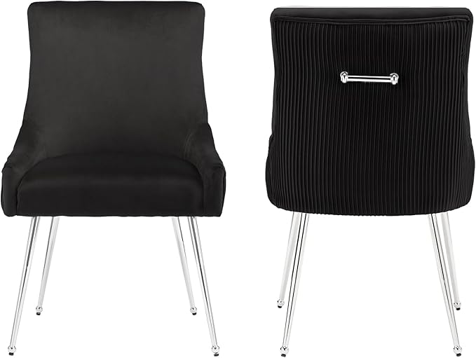 Modern Dining Chairs Set of 2 with Silver Metal Legs, Velvet Upholstered Kitchen Chair Pleated Back, Mid Century Accent Chair for Vanity, Living Room, Black