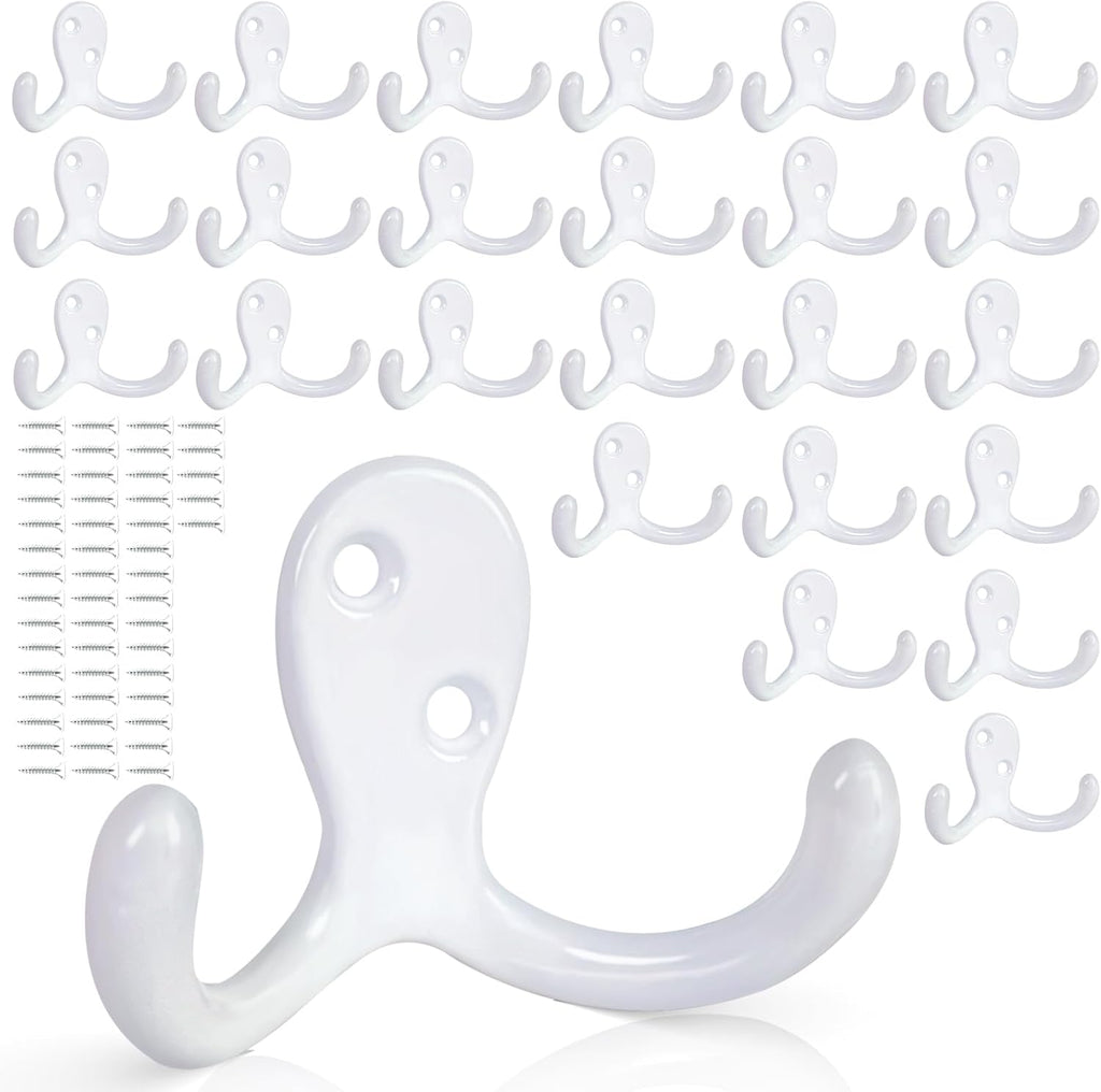 25 Pack Coat Hooks Wall Hooks for Hanging, Heavy Duty Double Prong Metal Hook Wall Mounted for Living Room, Bathroom, Kitchen, Bedroom for Coat, Bag, Scarf, Towel, Hat, Key, Cup (White)