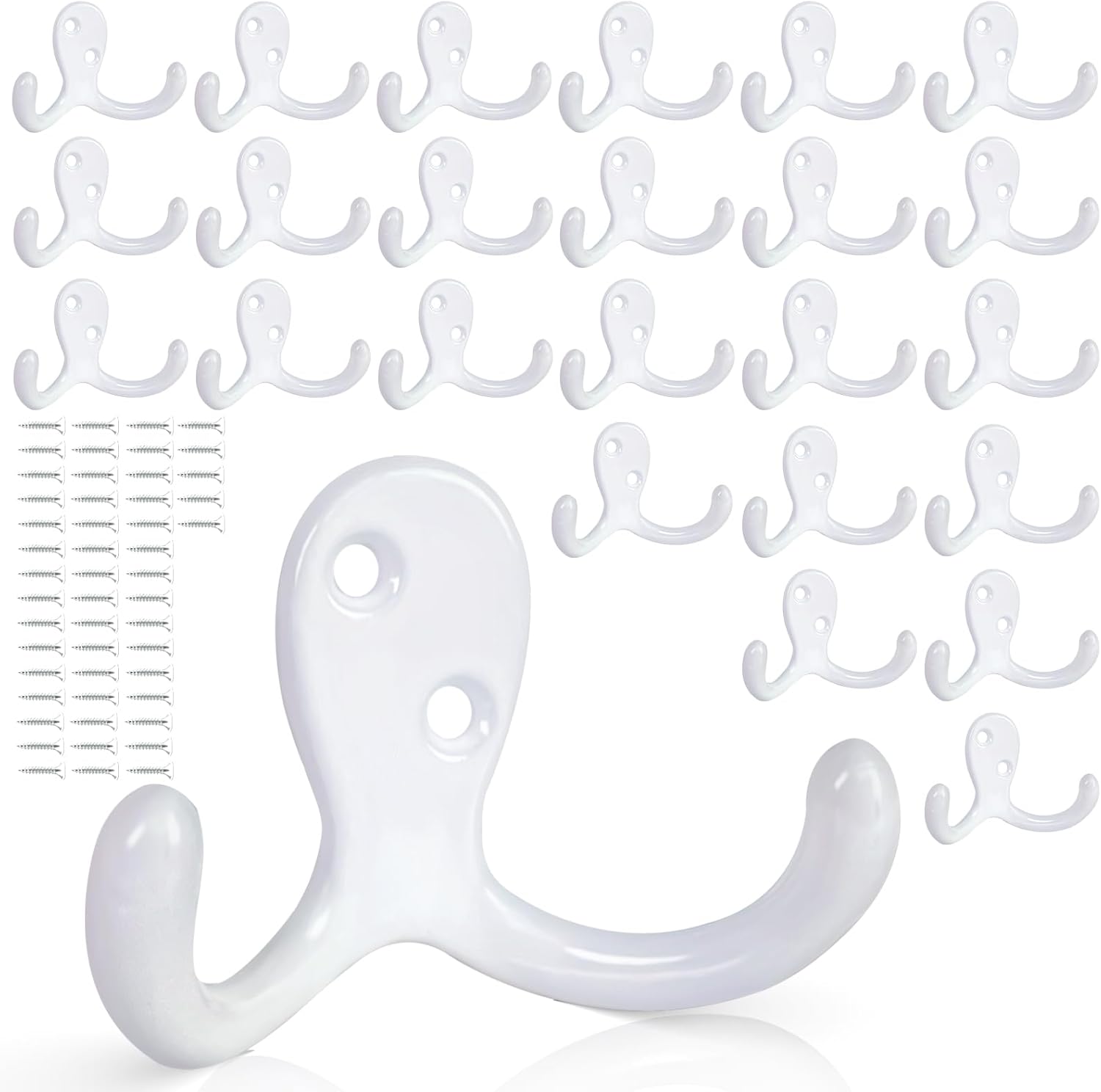 25 Pack Coat Hooks Wall Hooks for Hanging, Heavy Duty Double Prong Metal Hook Wall Mounted for Living Room, Bathroom, Kitchen, Bedroom for Coat, Bag, Scarf, Towel, Hat, Key, Cup (White)